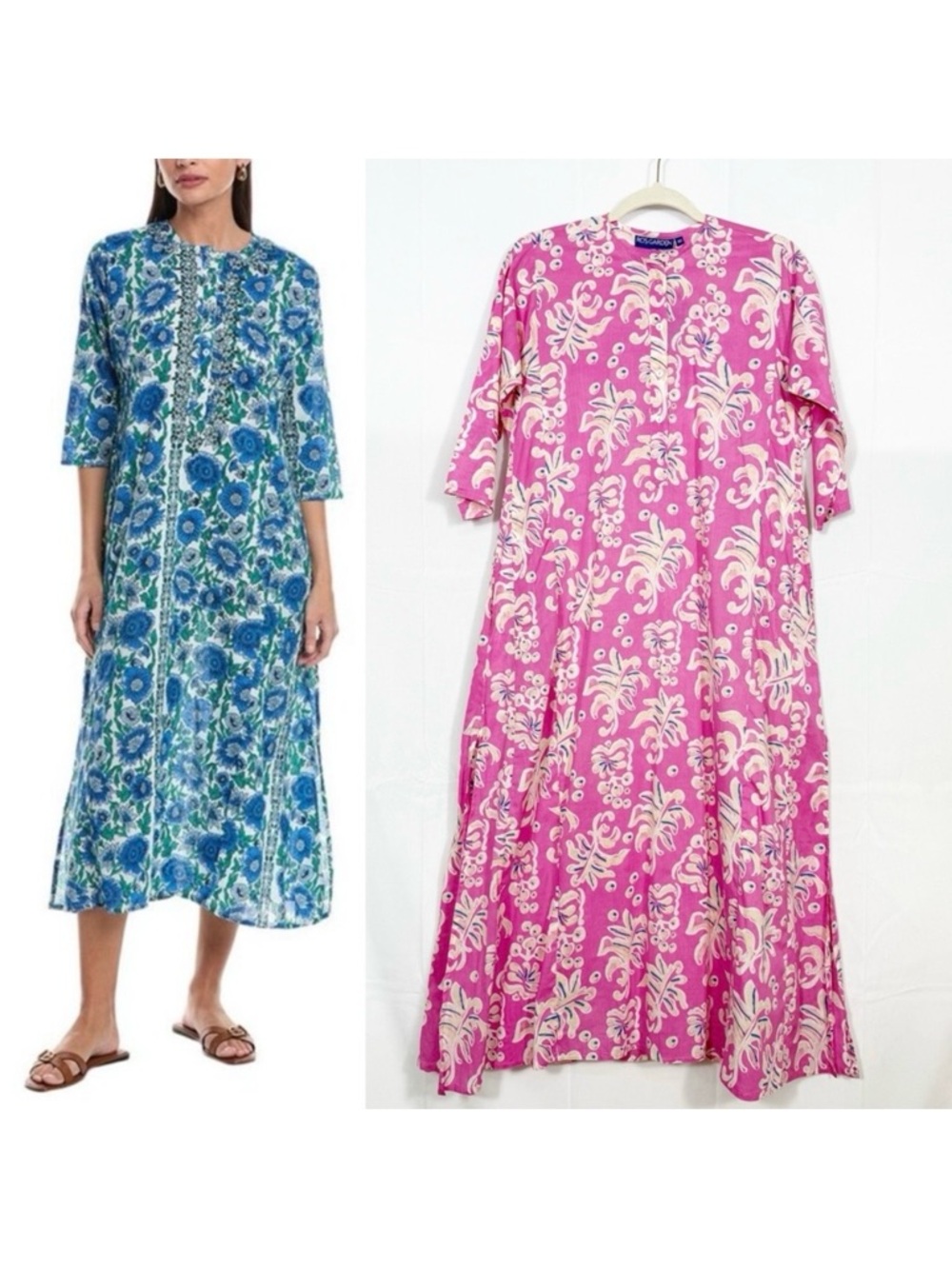 Ro’s Garden Cotton Classic Kurta Long Midi Maxi Dress Kazo Pink Floral Bohemian